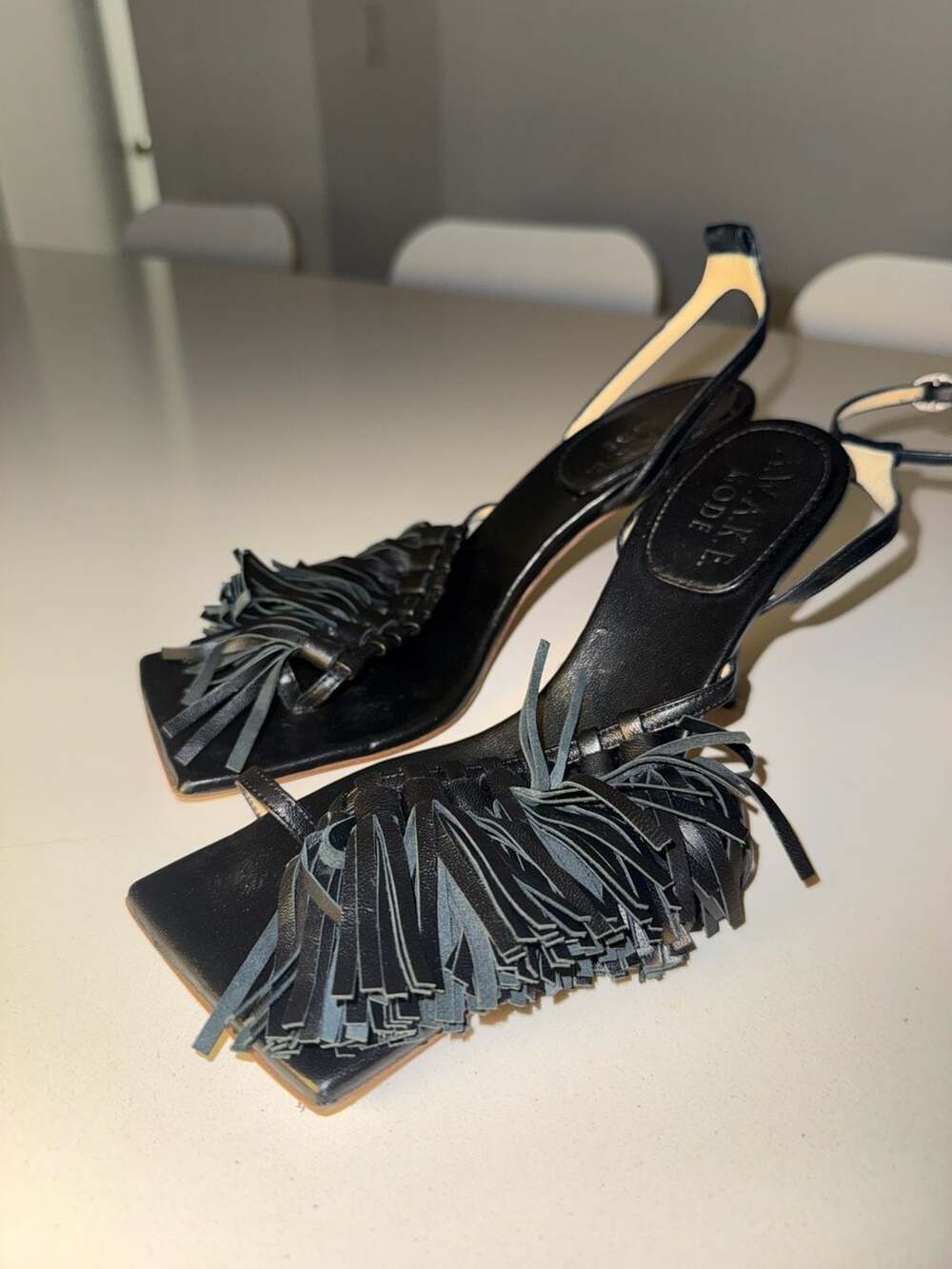 A.W.A.K.E. MODE Delta Black Tassel High Heel Sandals